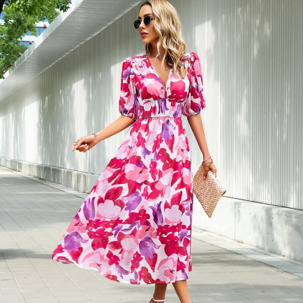 Variant image for Floral Summer Dress for Women with Puffed Sleeves and V-Neck - Perfect Wedding Guest Dress-26