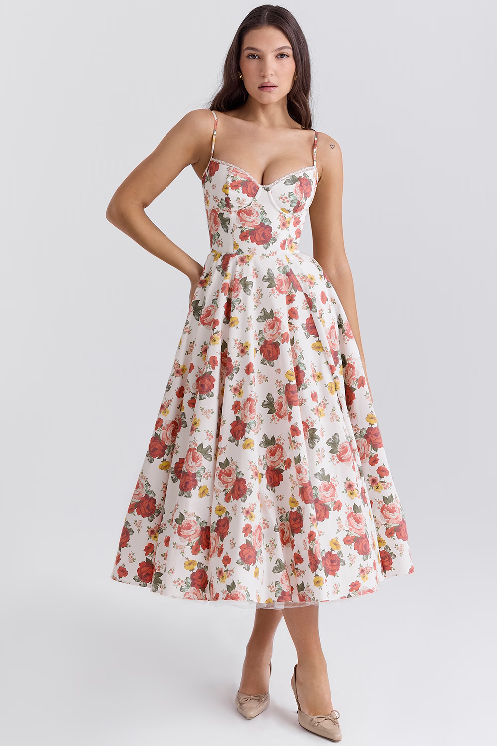 Variant image for Elegant White Satin Midi Dress with Spaghetti Straps and Tulle Skirt for Women - Perfect for Special Occasions-21