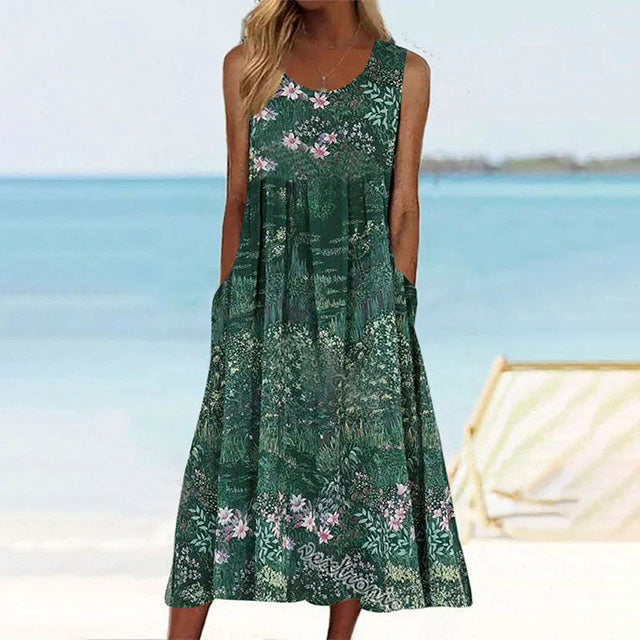 Floral Print Womens Dress with Round Neck and Pockets, Casual Summer Dress for Spring and Summer Outings-2