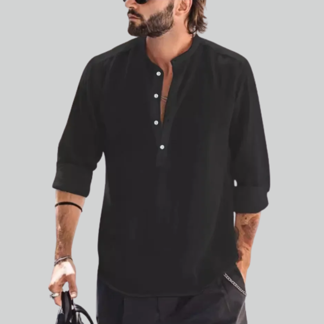 Cotton Casual Linen Shirt - Loose Tops, Long Sleeve, Henry Collar, Solid Blouse