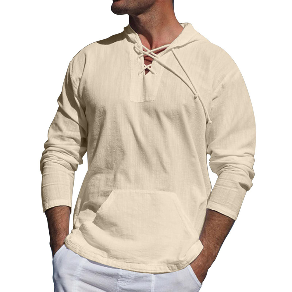 Light Casual Mens Pullover - Laceup V Neck, Linen