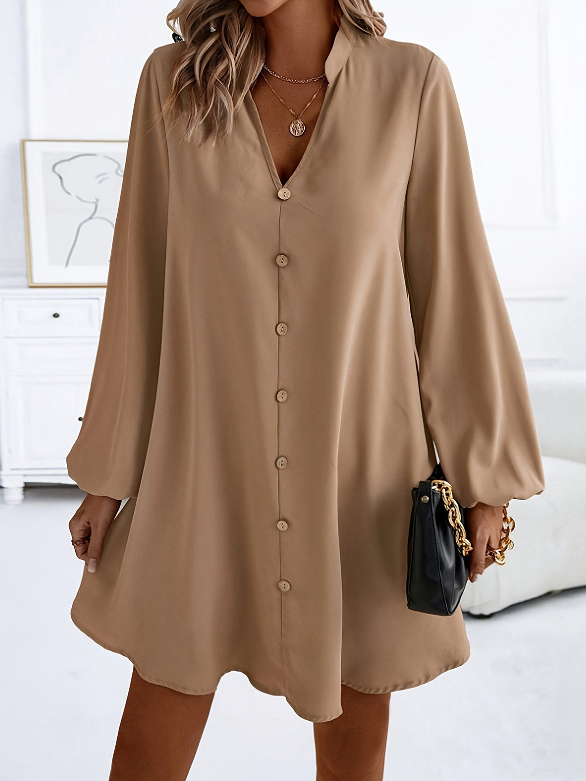 Variant image for Airy Casual V-Neck Long Sleeve Dress for Women, Loose Fit Summer Midi Dress in Multiple Colors-16