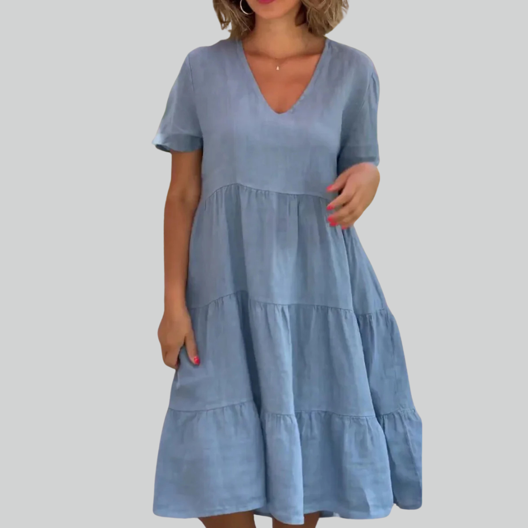 Linen Cotton Casual Women's Dress - Short Sleeve V-neck Swing Summer S-5XL