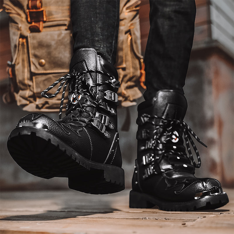 Sturdy Mens Motorcycle Boots - Lace Up, Leather, Riding