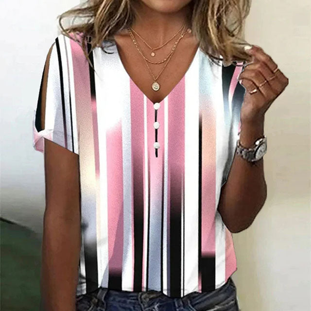 Casual V-Neck Blouse for Women, Short Sleeve Color Gradient Stripe Summer Top, Cotton-Polyester Blend-2