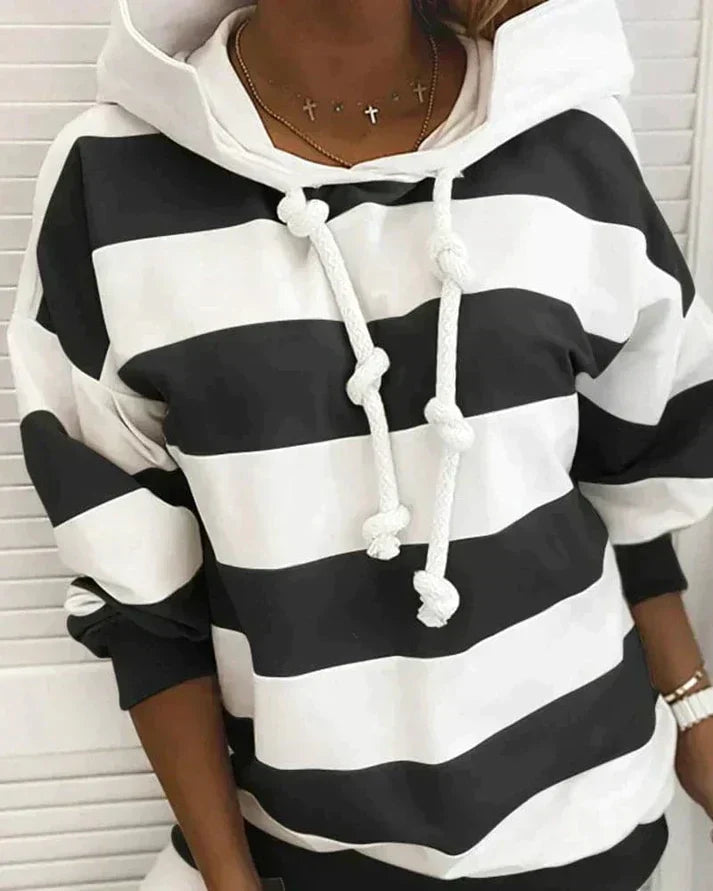 Plush Women’s Hooded Pullover - Striped Relaxed Cotton, Casual