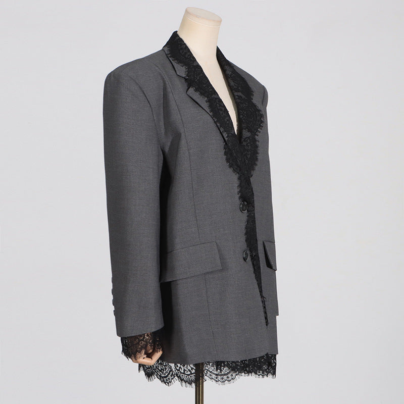 women's Structured blazer - lace-panel design, long-sleeve, polyester, for office-ready workwear