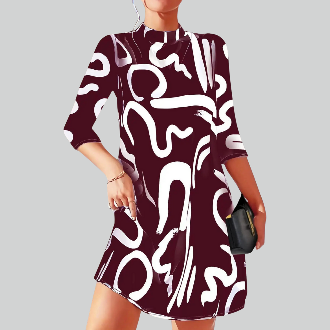 Long Fashion Sleeve Print Mini Dress for Women Autumn Casual Office Wear Robe Femme