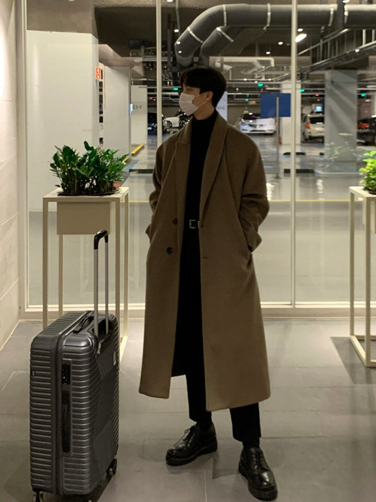 Men's Warm Trench Coat - Single-Breasted, Wool, Winter