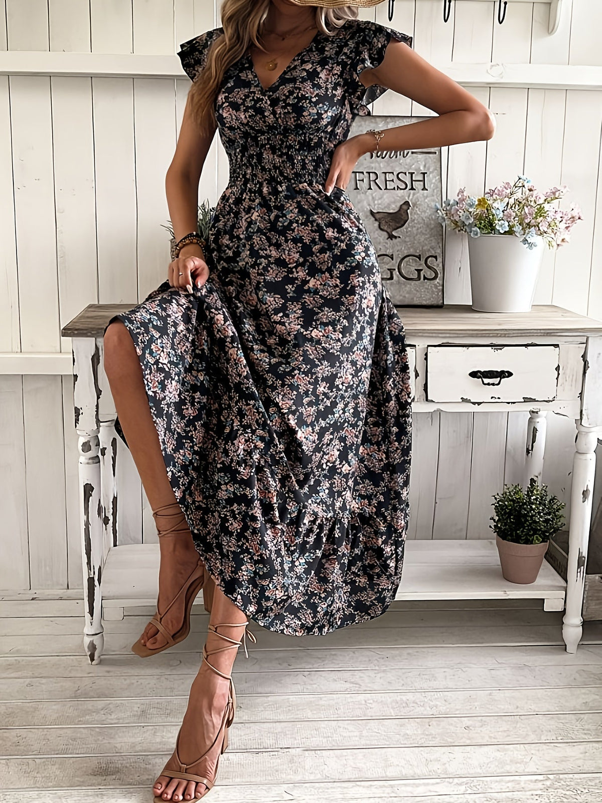Black A-Line Dress for Women with Ruffle Sleeves and Elastic Waist, Lightweight Spring Fashion-5