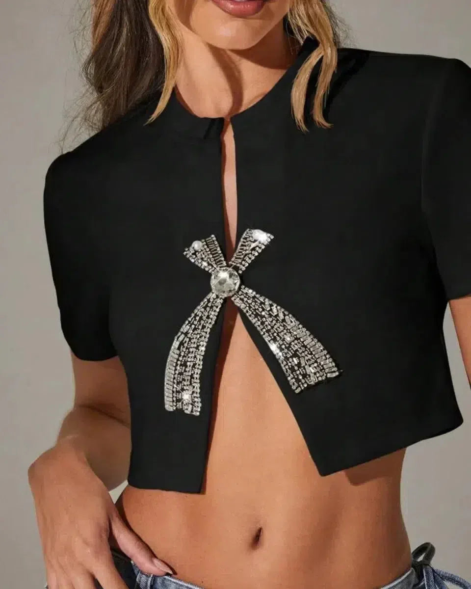 Variant image for Rhinestone Women's T Shirt with Low Neckline, Slim Fit White Crop Top for Women, Short Length and Medium-Stretch Fabric-4