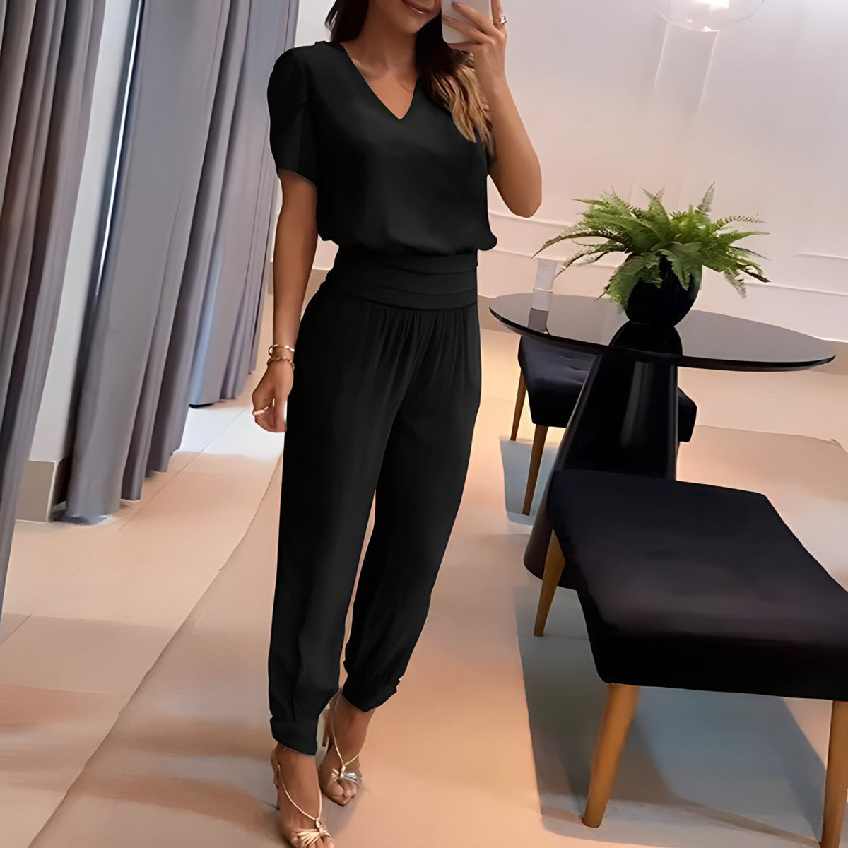 Bequemes Damen Set – Twin Set mit Bluse und Hose, elastischer Bund, hochwertiges Polyester, für jeden Anlass 3