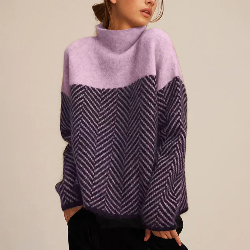 Women’s Warm Herringbone Knit Sweater - Stand Collar, Casual
