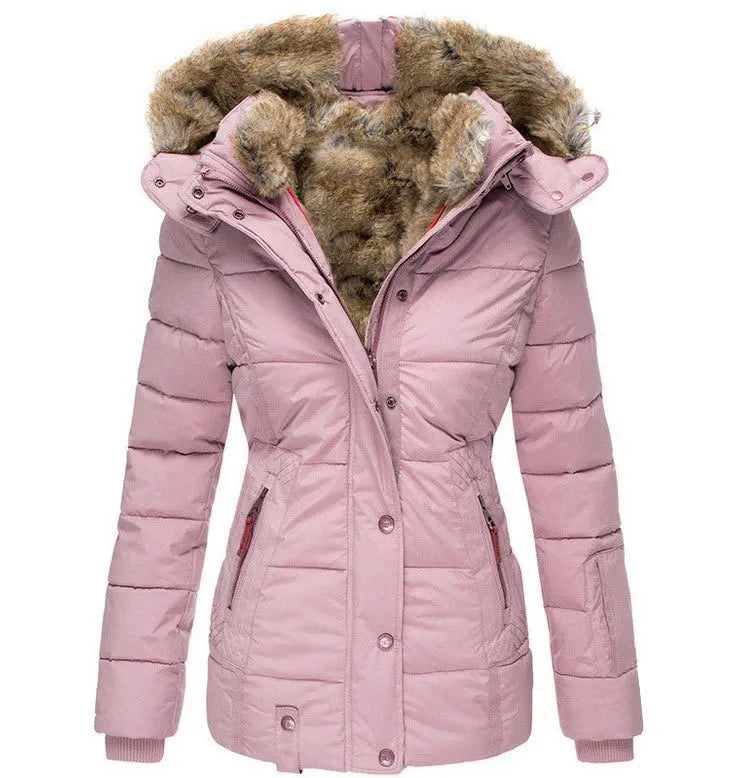 Women’s Warm Winter Coat - Quilted Midlength, Faux Fur Hood