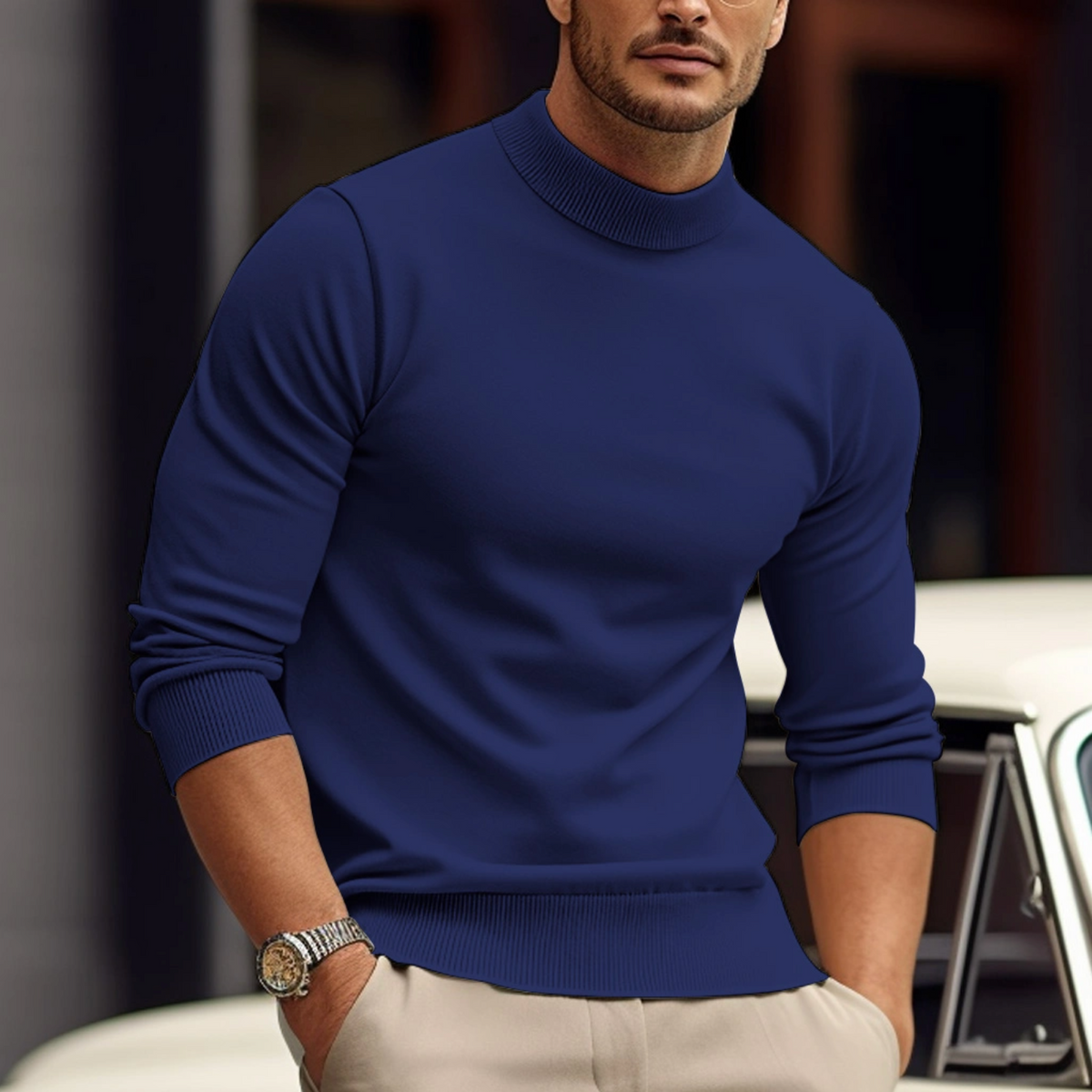 Plush Timeless Men's Sweater - Slim Mock Neck, Cotton, Casual
