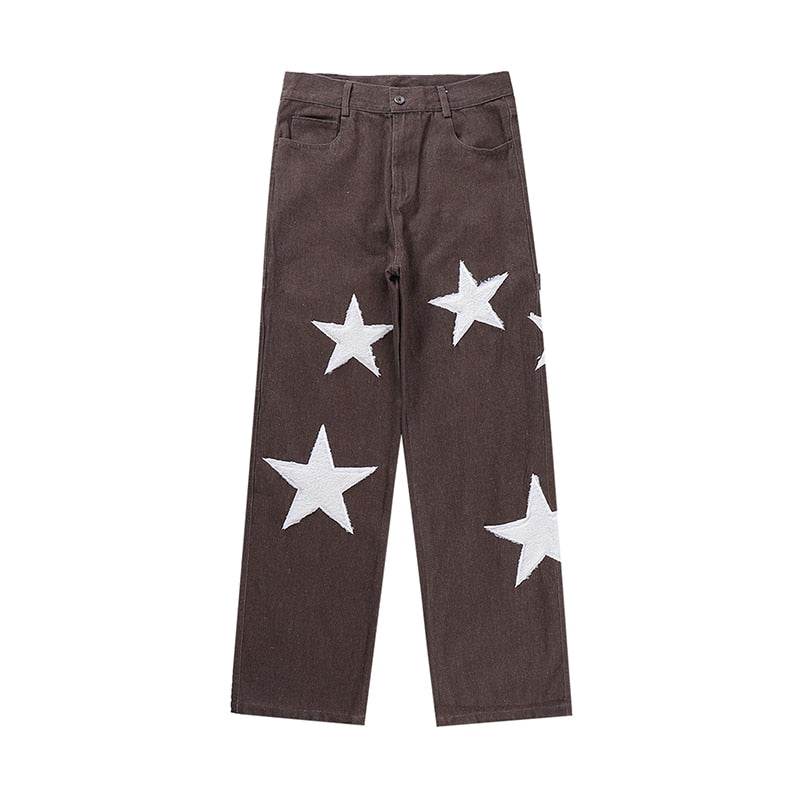 Variant image for Baggy Wide Leg Jeans with Unique Star Patchwork Design and Comfortable Mid-Waist Fit in Dark Indigo-2