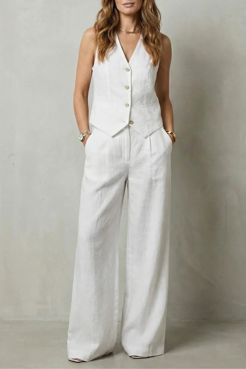 v-neck sleeveless top with button vest and loose straight trousers, linen, casual wear – Light women's vest suit