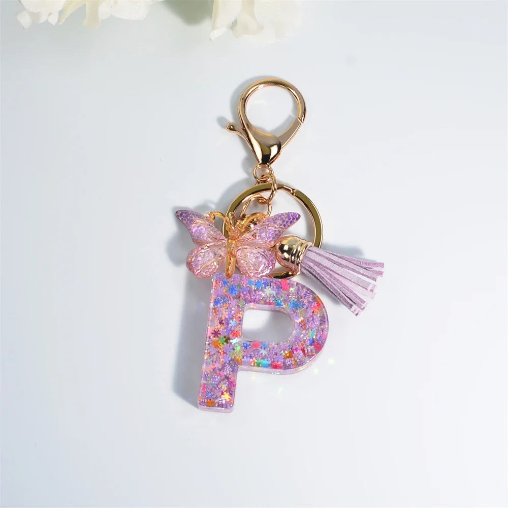 Letter Sequin Keychain With Butterfly Tassel Charm