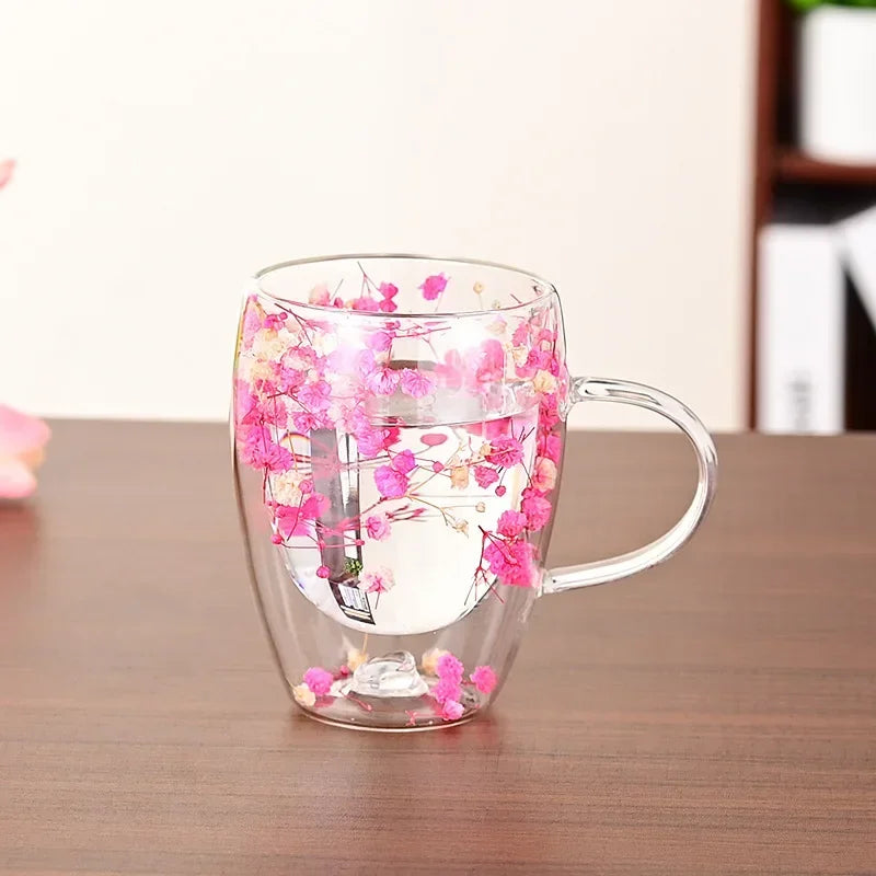 Wall Double Glass Cup with Handle Dried Flower Decorated Ins Style Mug 300ML
