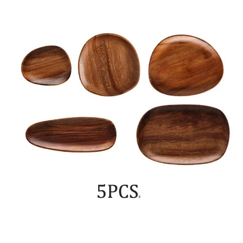 Wooden 5Pcs Storage Tray - Acacia Wood Irregular Oval Tableware, Solid Food Container