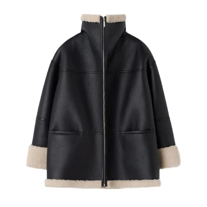 Oversized Warm Women's Jacket - Shearling Faux Leather