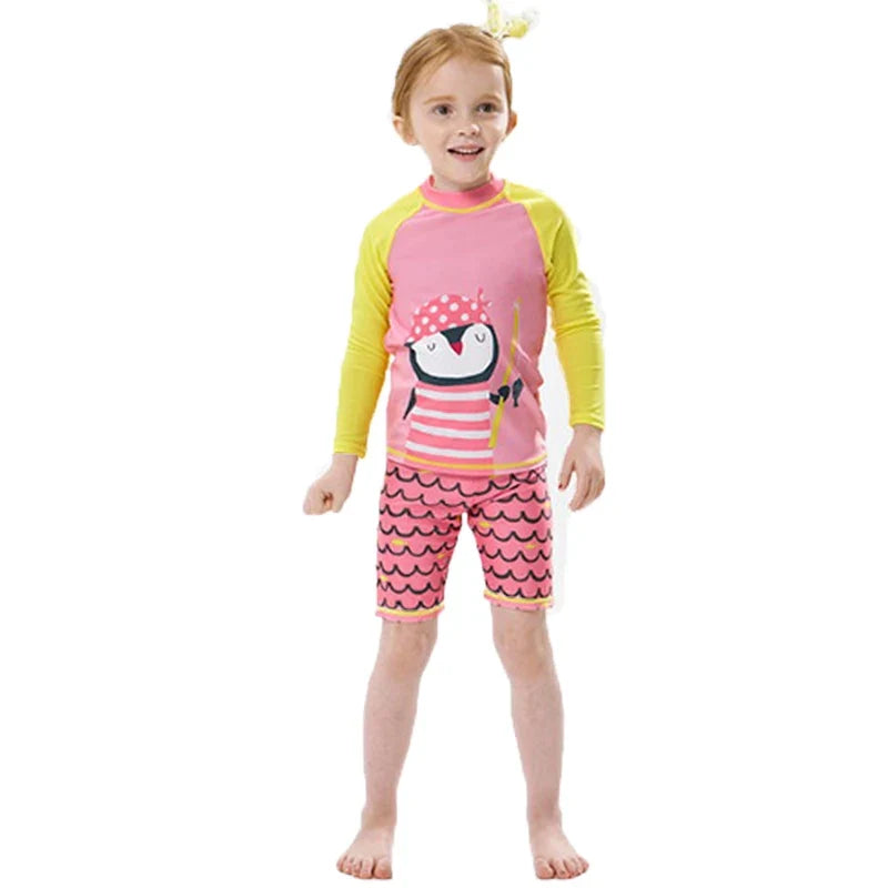 Fast-dry unisex kids' swimsuit set - long-sleeve top and shorts, polyester, for summer swimming