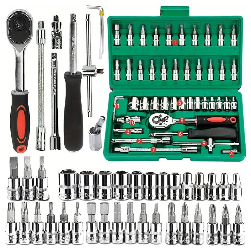 Household Tools Drive Socket Kit - 1/4 Inch Ratchet Wrench & Metric Hex Bit Kit for Mechanics