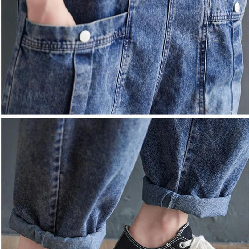 Big Vintage Pocket Suspender Jeans Trousers - Women's Casual Denim Harem Pants