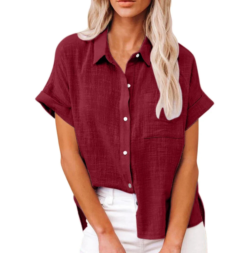 Shirt Linen Short Sleeve Casual Loose Fit Blouse Fresh Sweet Style Polyester Fabric
