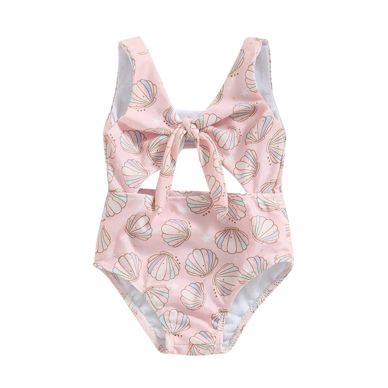 Plush Toddler Girls' One-Piece Swimsuit - Floral Print Bow-Tie Detail, Polyester, For Summer