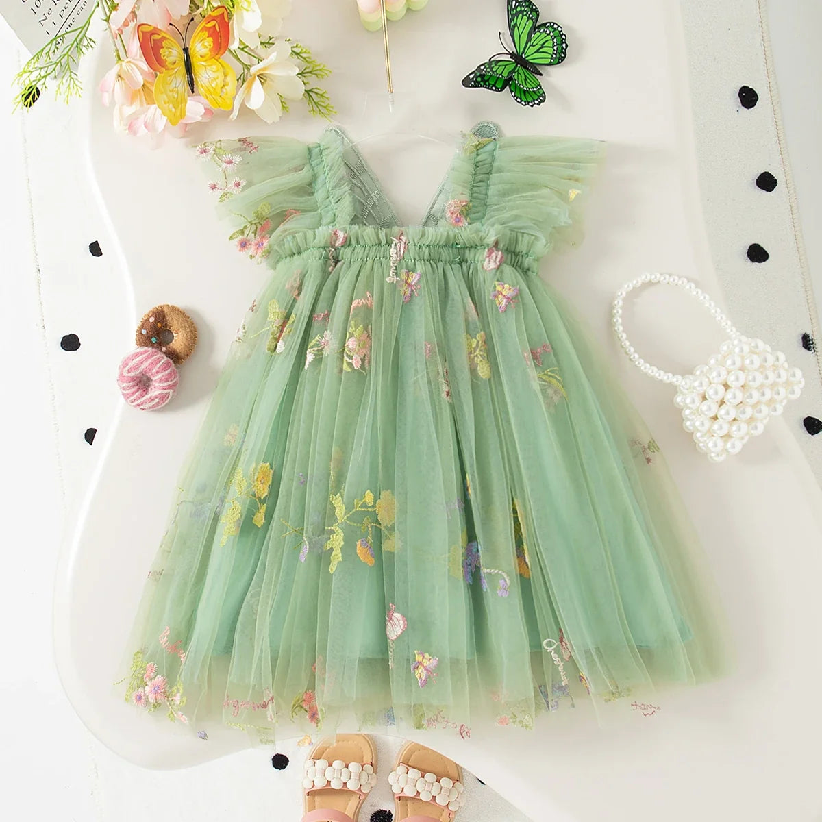 Light flowy girls' dress - knee-length tulle, floral print, polyester, for weddings