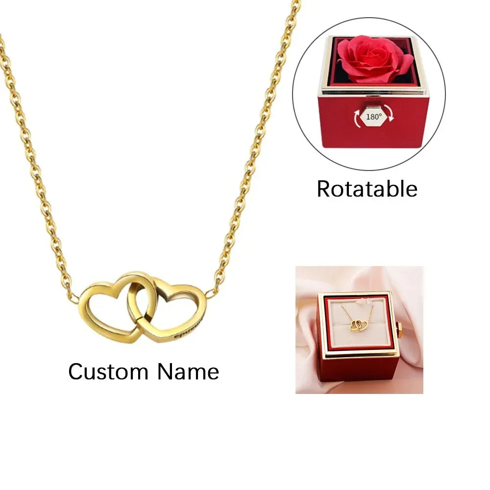 Custom Gift for Mother's Day Real Rose Flower Gift Box – Personalized Heart Necklace with Real Rose