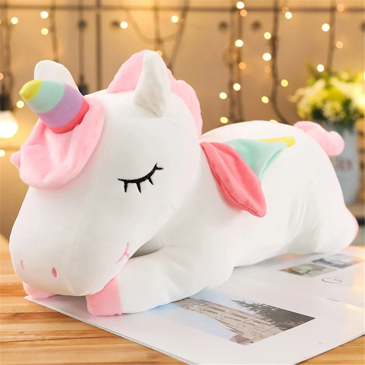 25CM Lying Unicorn Plush Toy - Plush Cute White Pink Horse for Kids Girls Birthday Gift