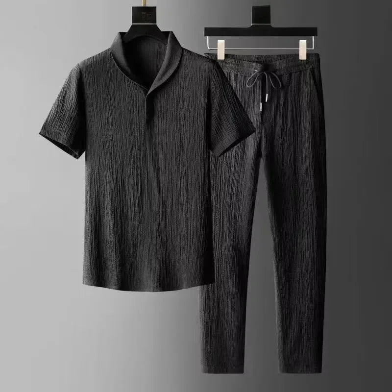 Ultra-thin Summer Ice Silk Linen Suit Men’s Loose-fit T-shirt 2-piece Sports Wear