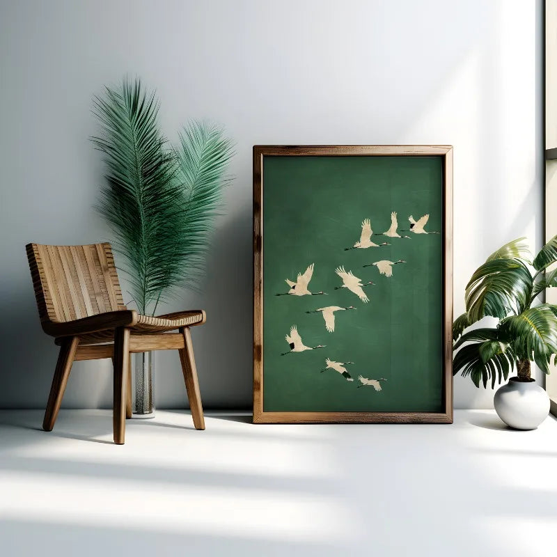 Wall Cranes Art Emerald Green Canvas With Gold Accents
