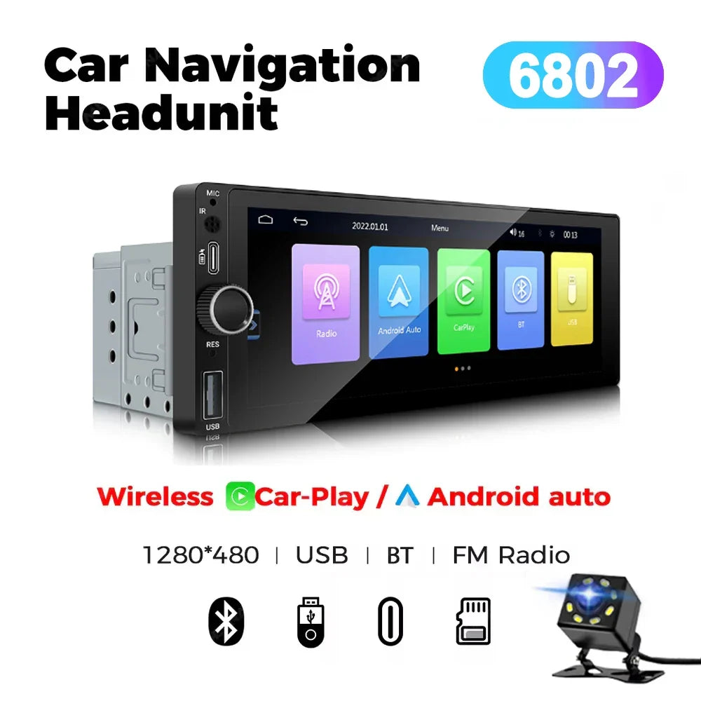 Car Stereo 6.86 Inch Touchscreen Universal MP5 Head Unit Fall 2025 Cordless CarPlay Android Auto
