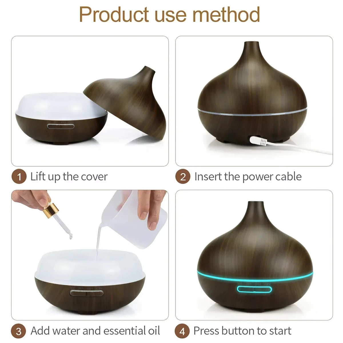 Air Humidifier Aromatherapy Essential Oil Diffuser 500ml Wood Grain Remote Control with 7 Color Lights for Household