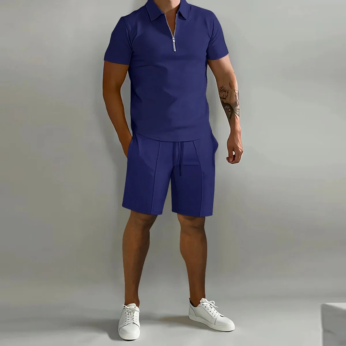 Solid Color Polo Shirt & Vertical Stripe Pants Kit - Casual Short Sleeve Sports Wear
