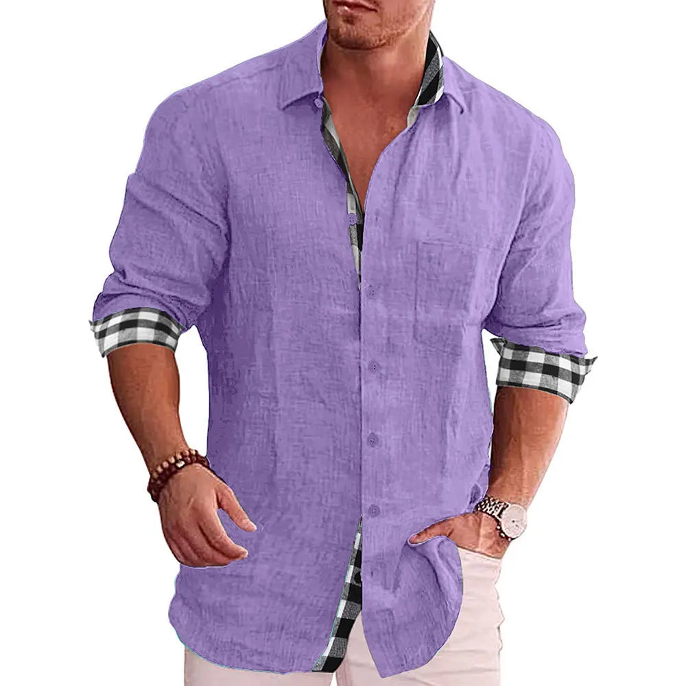 Linen Cotton Plaid Blouse Shirt - Long Sleeve Office Workwear Tops