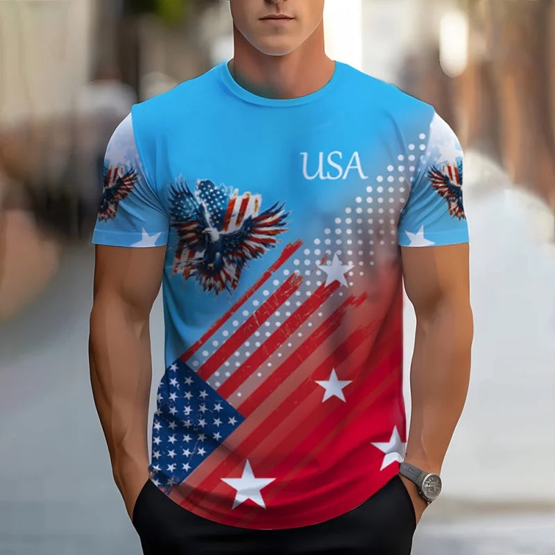 Plush men's tee - relaxed fit, 3D print patriotic eagle and flag graphic, casual wear