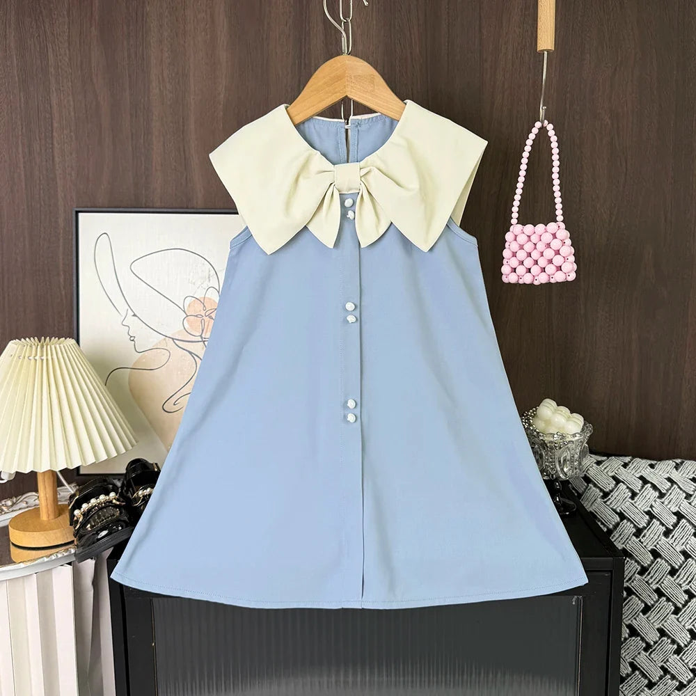 Plush and flattering girls' knee-length dress - sleeveless, bow-collar, polyester, birthday party