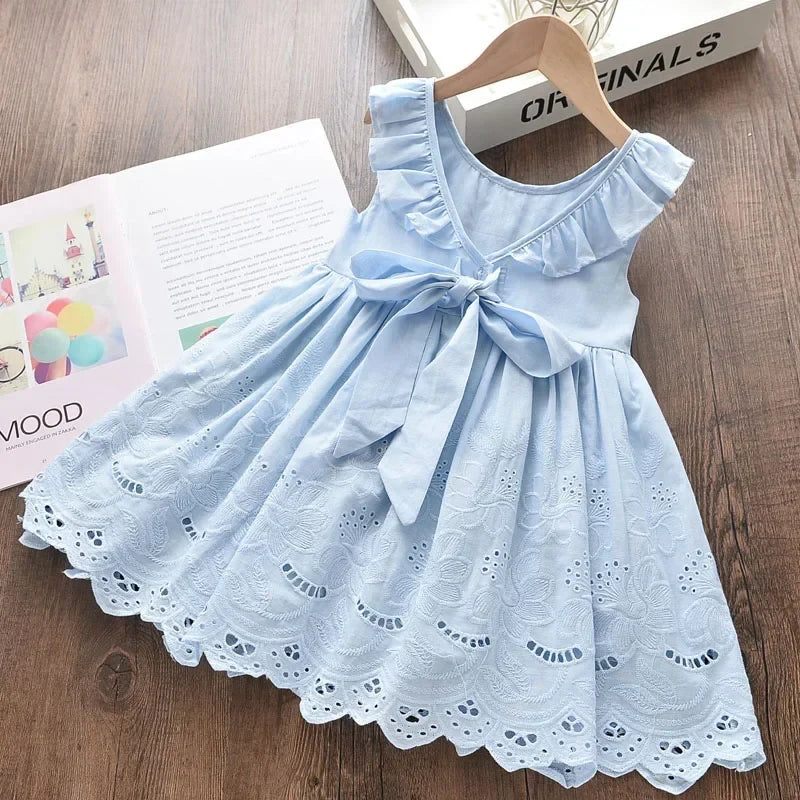 Light and flattering girls' dress - bow-front, cotton eyelet fabric, party wear