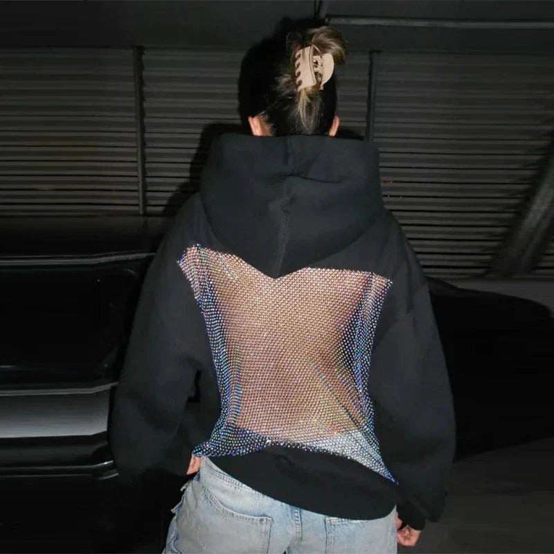 Relaxed Oversized Women’s Hooded Pullover - Boxy Hollow-Back Cut, Blended Fabric With Mesh Back, For Streetwear