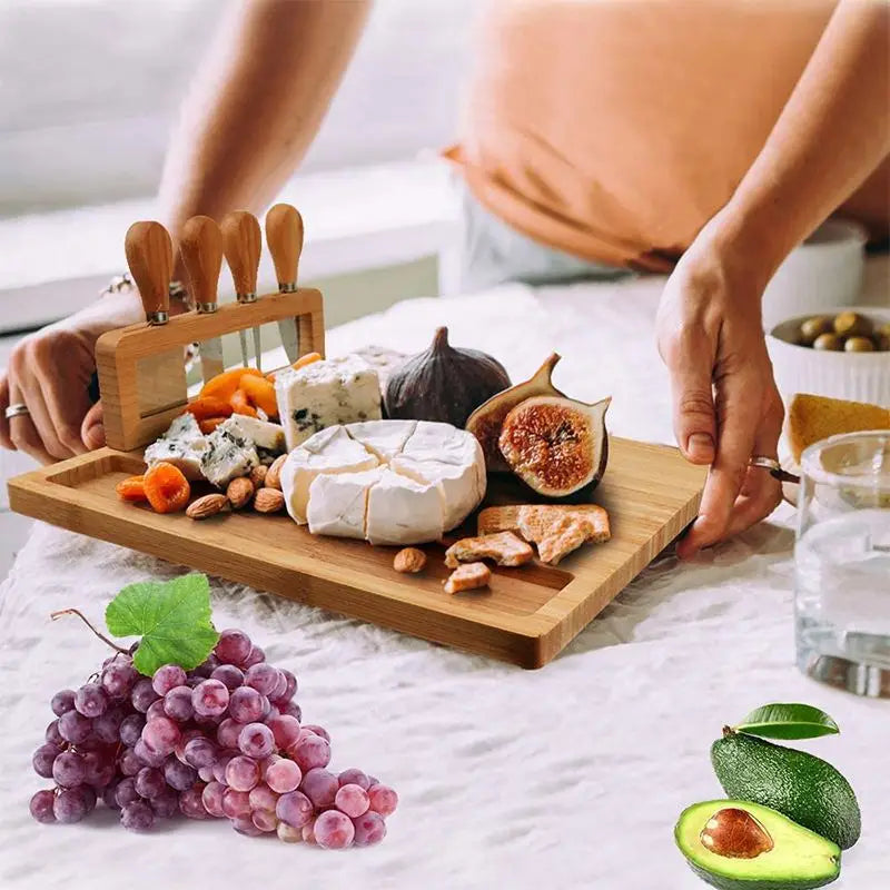 Cheese Bamboo Board Large With 4 Knives And Built In Rack Serving Chopping Board, Holiday 2025 Eco Gift