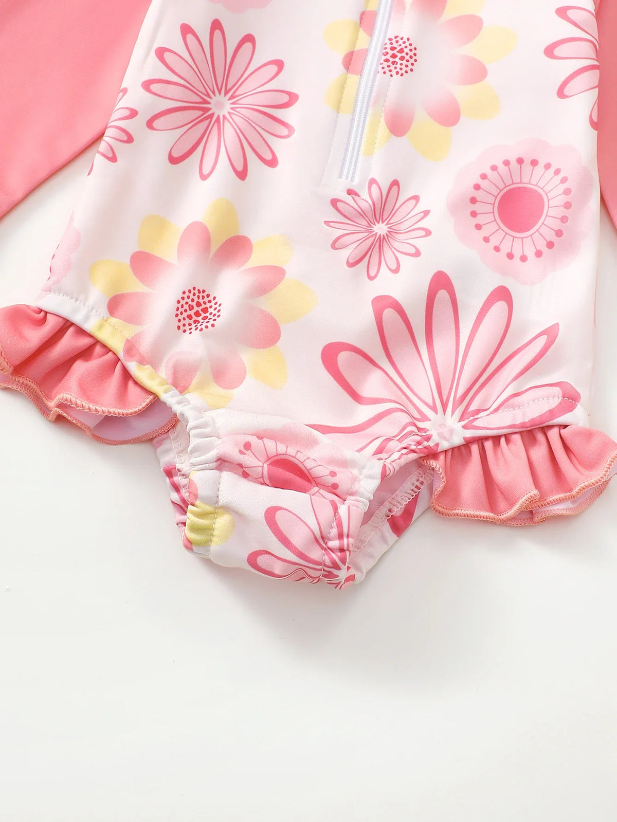 Long-Sleeve Floral Print, Polyester, For Sun Protection – Breathable Baby Girl Onesie Swimsuit With Sun Hat