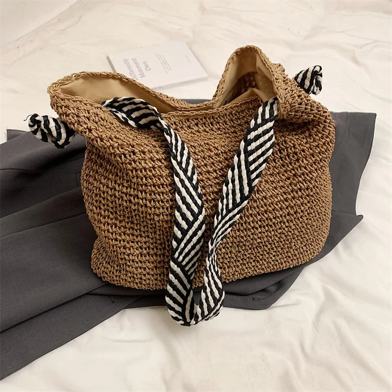 Straw2026 Edition Beach Bag - Large Capacity Woven Tote With Knot Shoulder Straps, Summer