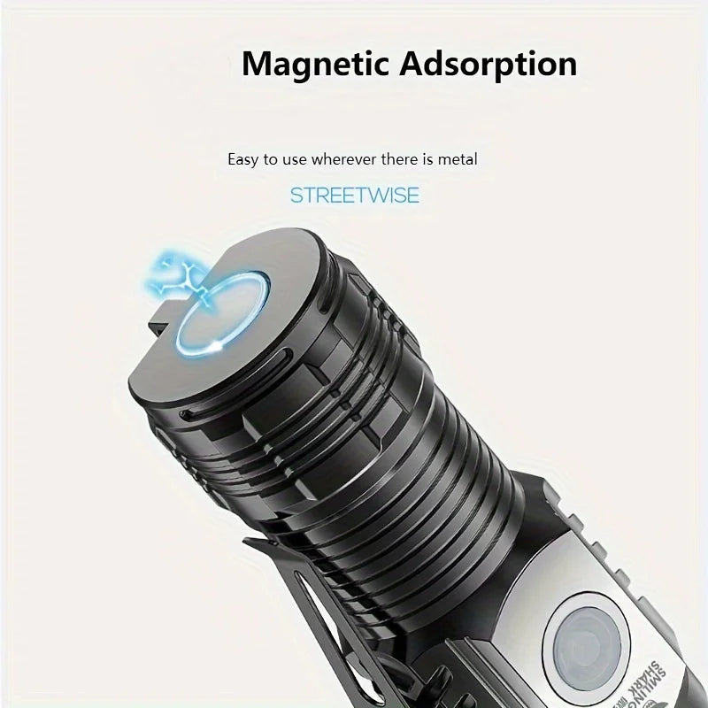 Tactical LED Mini Flashlight - USB Battery-Powered 5 Modes Work Light for Hiking, Camping, Car Repair, Travel-Friendly Torch with Clip & Magnet
