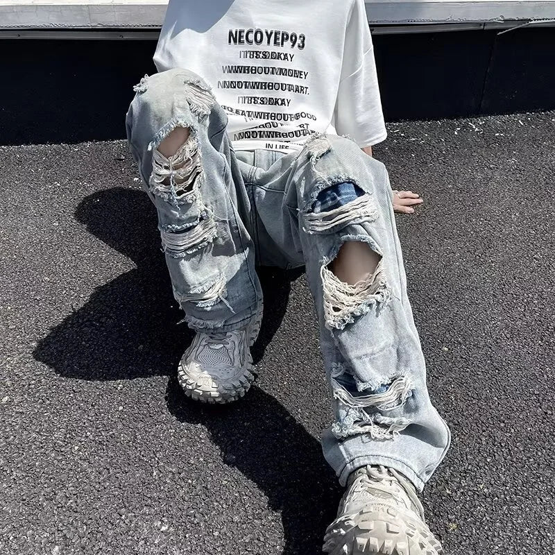 Relaxed Oversized Mens Jeans - Ripped Straight Leg Denim