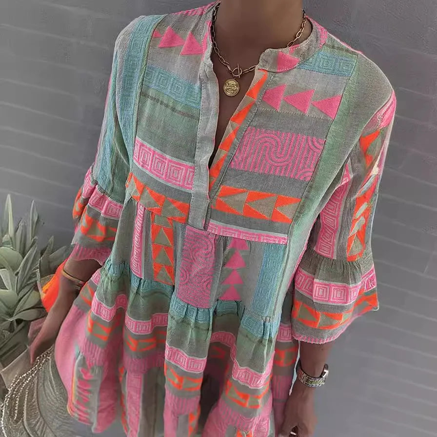 Neck V Ruffles Boho Mini Dress - Spring Casual Vintage A-Line Flare Sleeve Dress