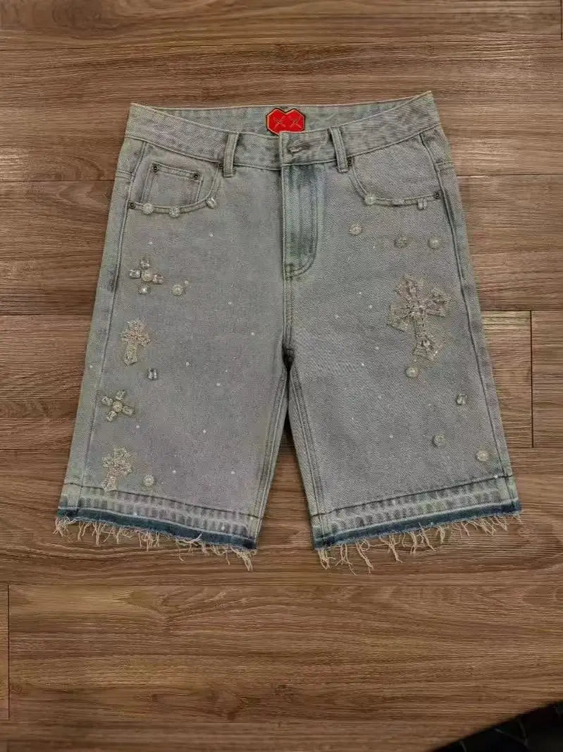 Women's Relaxed Denim Shorts - Straight Knee-Length Cut, Rhinestone Cross Applique, Frayed Hem For Streetwear